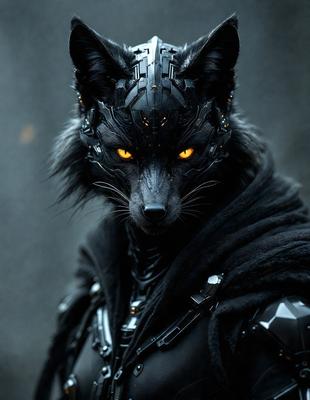 The primary subject of the image is a creature with a mix of animal and mechanical features. It has a wolf-like head with glowing eyes, and its body is covered in a black, metallic armor. The creature appears to be a mix of a wolf and a robot, giving it a unique and intriguing appearance. The setting of the image is a dark room, which adds to the mysterious and eerie atmosphere of the creature. The visual style of the image is a combination of photo and digital art, creating a striking and captivating scene. The colors and mood of the image are predominantly dark and moody, with the glowing eyes of the creature being the only source of light in the scene.